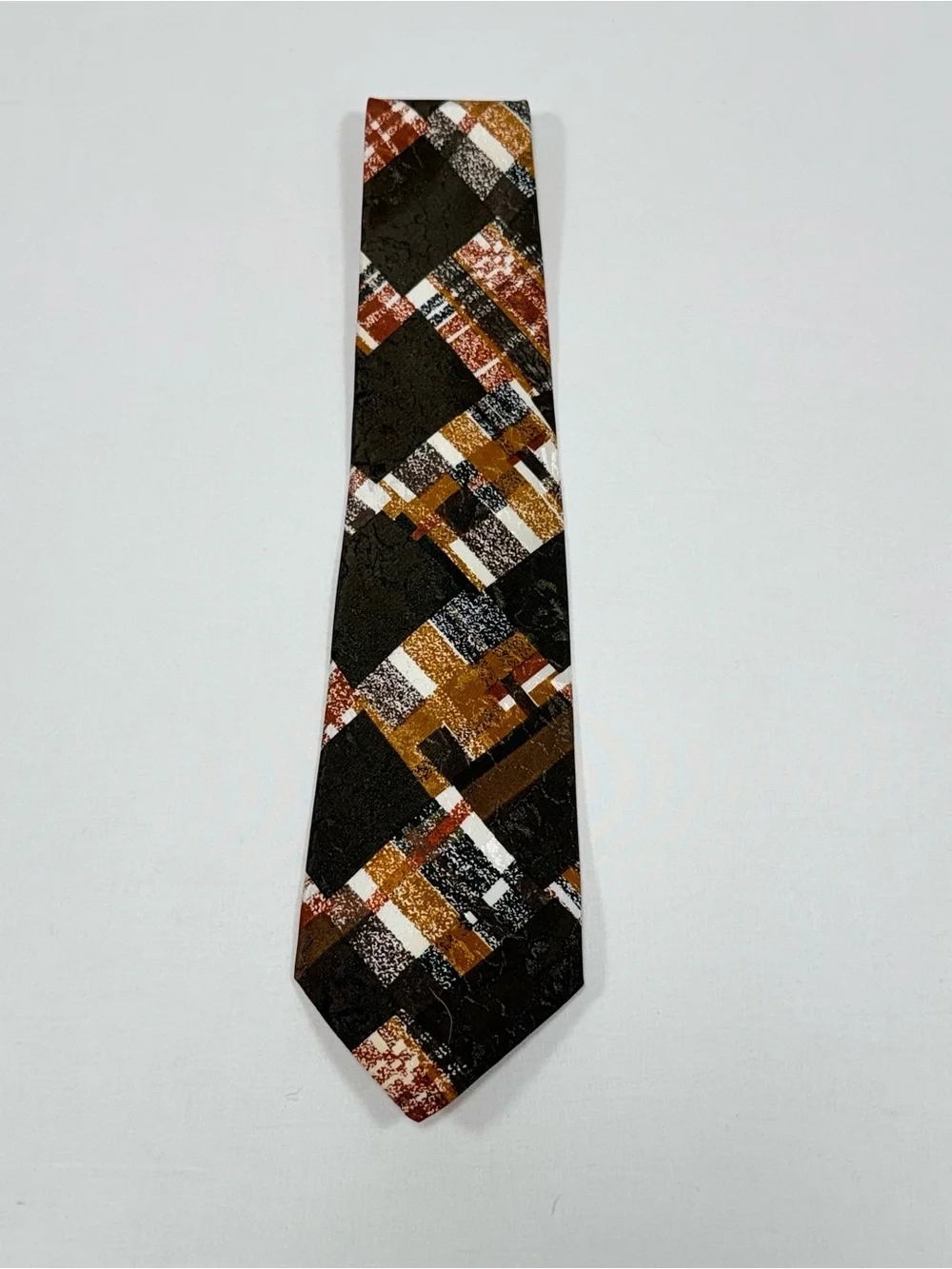 Vintage 70s Florence Silk Abstract Geometric Brown Gold‎ Silk Necktie